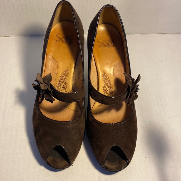 Söfft Geva Brown Suede and Leather Peep Toe High Heels 9.5 - Picture 6 of 13